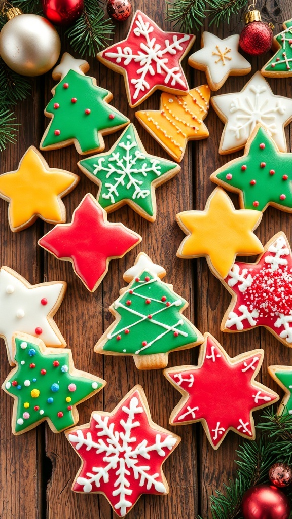 A variety of decorated Christmas sugar cookies in festive shapes on a wooden table.